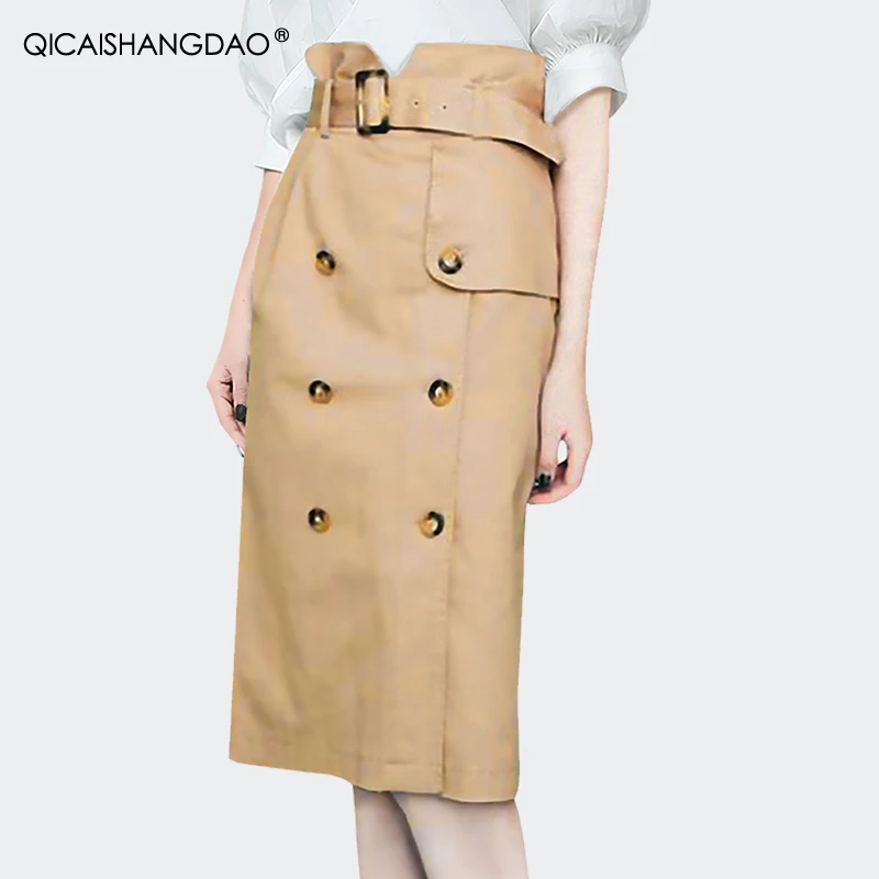 

High Street Womens Khaki Pencil Skirts With Belt Double-breasted High Waist O Shape Office Ladies Elegant Mid-Length Skirts