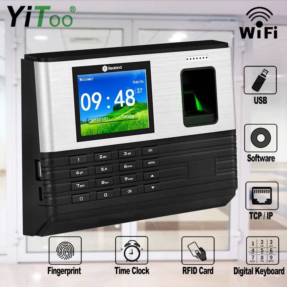 YiToo 2.8inch Wifi RFID Biometric Fingerprint Time Attendance TCP/IP USB Office Check-in Realand System Time Clock Free Software