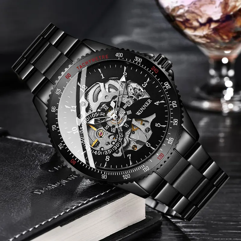 Drop shipping Men Automatic Mechanical Watch Winner Men Black Stainless Steel Watches Fashion Skeleton Steampunk Male Clocks