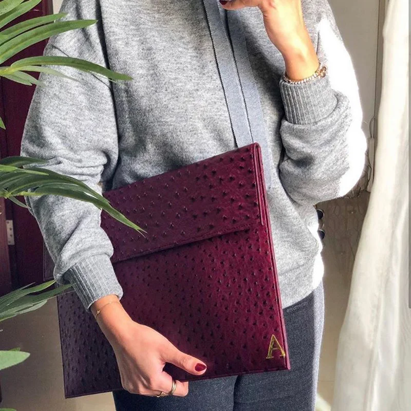 Women\'s Soft Case Laptop Bag Fashion Brand Ostrich Pattern Leather Clutches 2025 Trendy Macbook Notebook ProAir Cover