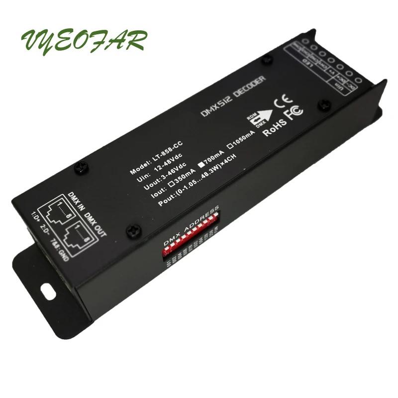 LTECH Led DMX Decoder 4 Channel Constant Current DC12-48V 3 in 1 4 Channel 350mA 700mA 1050mA CC Slave RJ45 Green Terminal