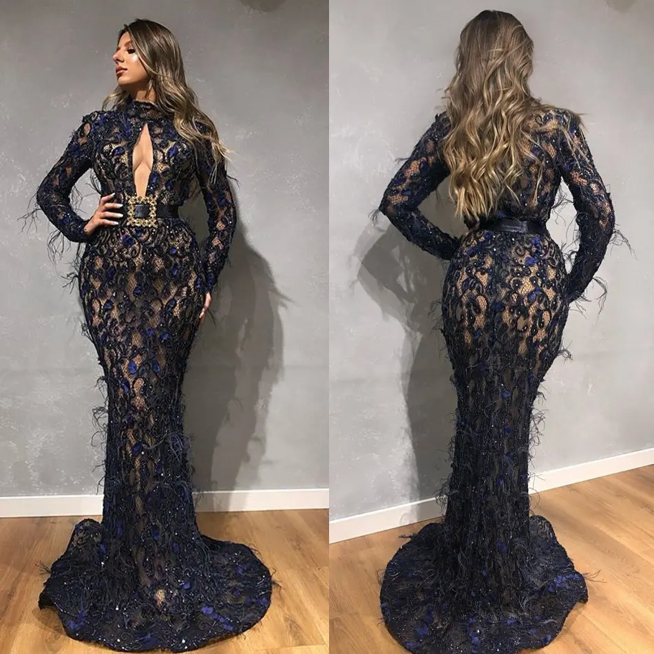 2020 Luxury Mermaid PROM Gowns Feather Lace Applique Sequins PARTY ชุดลูกปัดลูกไม้ Appliques Mermaid Evening Dresses