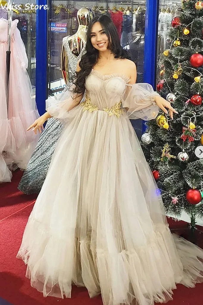 Simple Evening Dress Ivory A-line Tulle Off Shoulder Long Illusion Sleeves Sweetheart Neck Applique Prom Dress robe de soiree