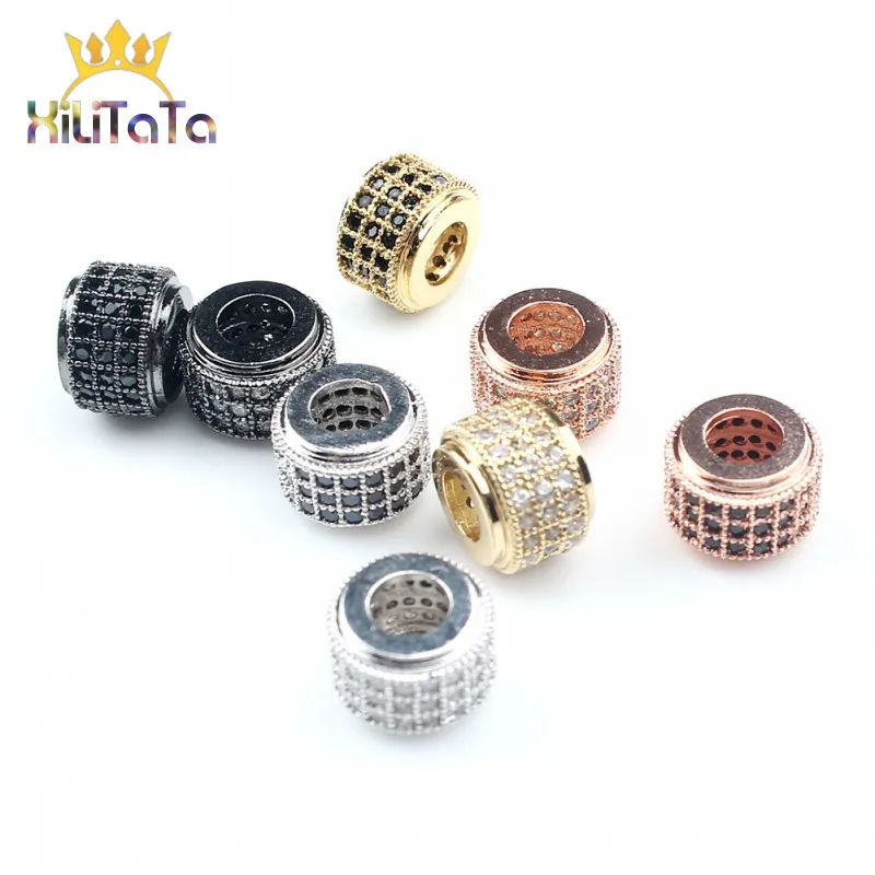 3pcs/lot Diy Spacer Beads Metal Micro Pave Cubic Zirconia CZ Cylinder Crystal Beads For Jewelry Making DIY Bracelet Accessories