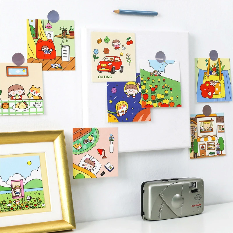 6-9pcs Cute Kids Drawing Decoration Cards Art Postcard Panda Dog Flower DIY Wall Sticker Photo Props Background Stationery Gift