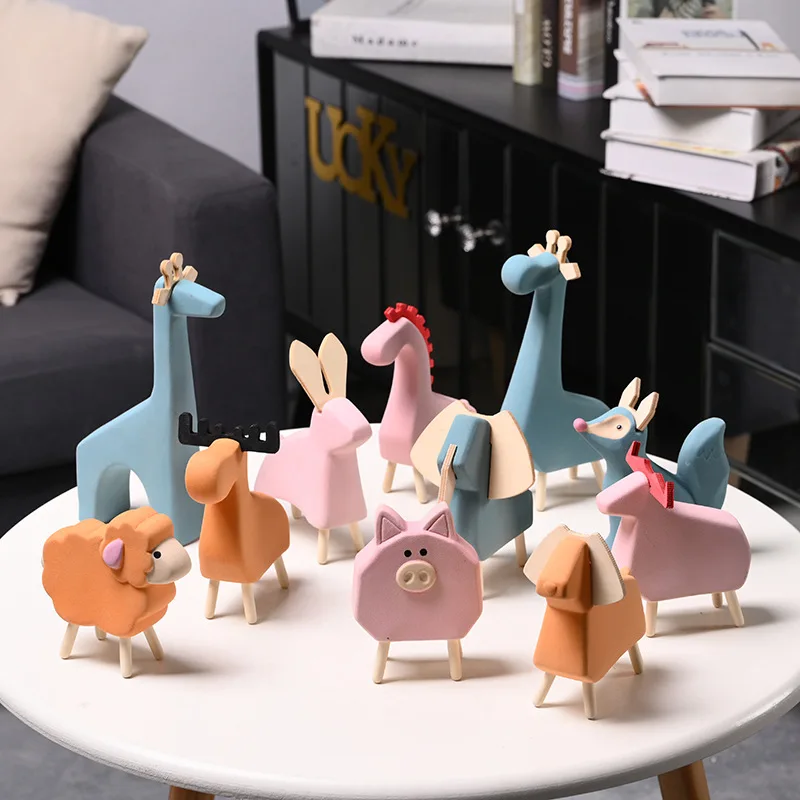 Nordic modern ceramic wooden foot small animal handicraft creative deer elephant fox living room home decoration ornaments gifts