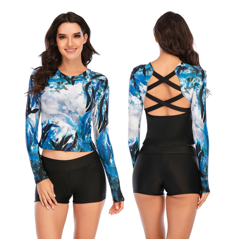 Women Two Pieces Swimsuit Rash Guard Long Sleeve Swimwear Women Bathing Suit Floral Print Swimsuit Surfing Swim Shirts