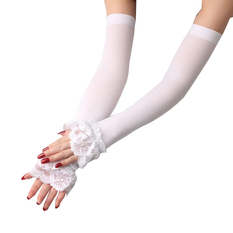 1 Pair Lace Arm Sleeve Covered Elastic Sleeve Driving Gloves Long Fingerless Summer Sunscreen Lace Gloves Women Ice Silk Mittens