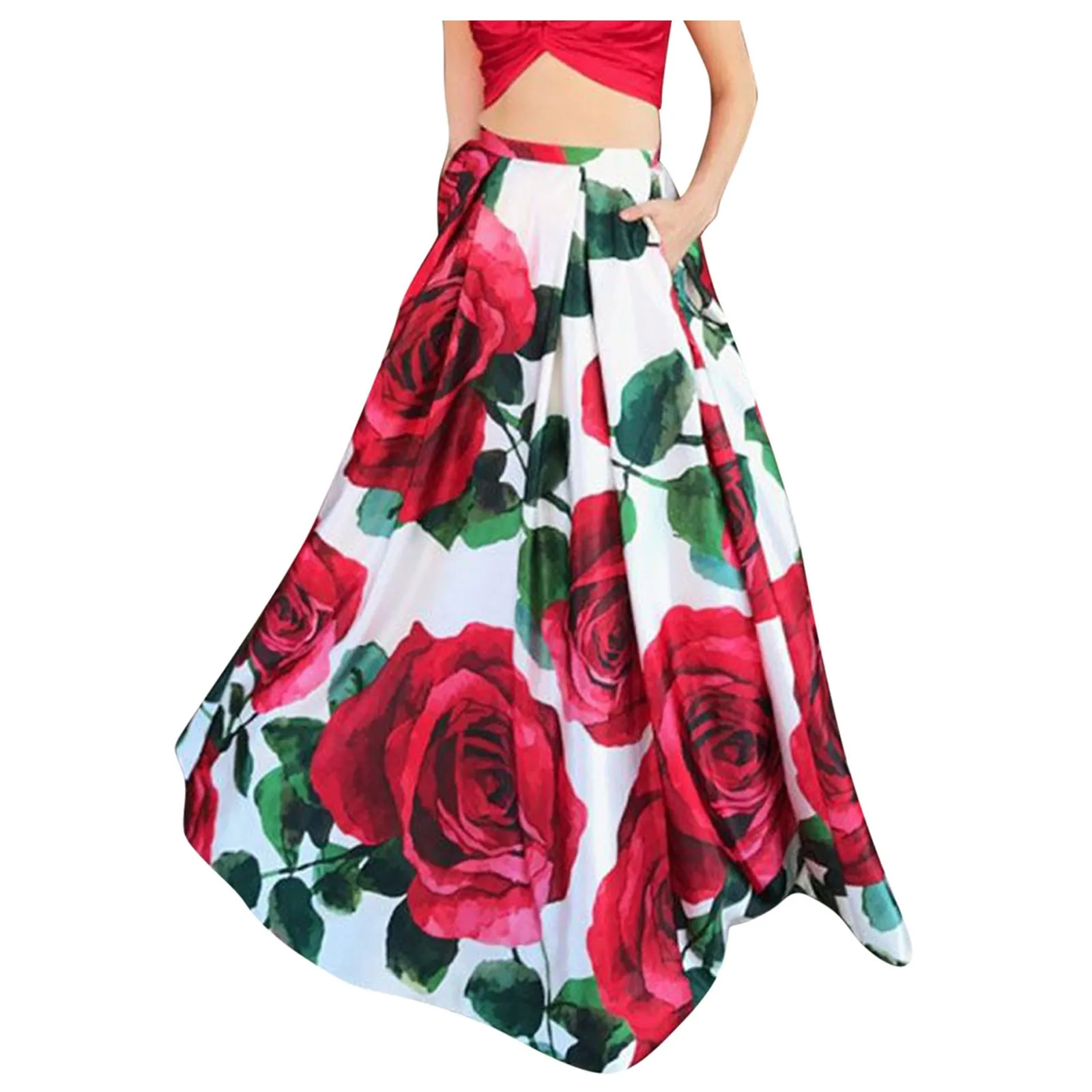 Maxi saia boêmia estampada em flor feminina, cintura alta, saia longa, casual, solta, festa na praia, botões, tamanhos grandes, moda, 2021