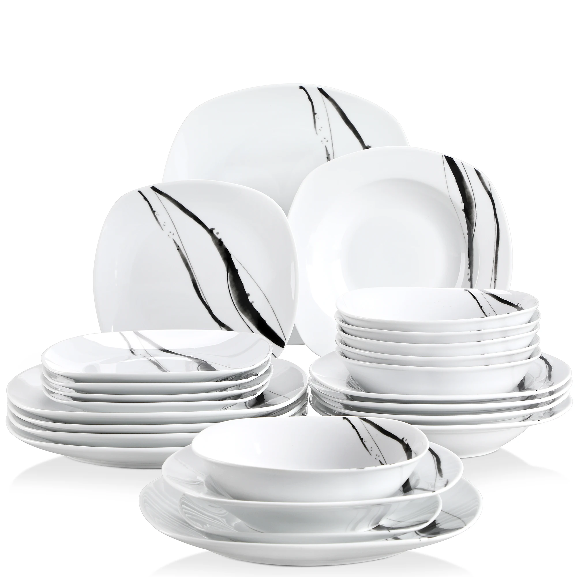 

VEWEET TERESA 24-Piece Dinner Set Porcelain Ceramic Tableware Set with Bowl Dessert Plate Soup Plate Dinner Plates Cutlery Set