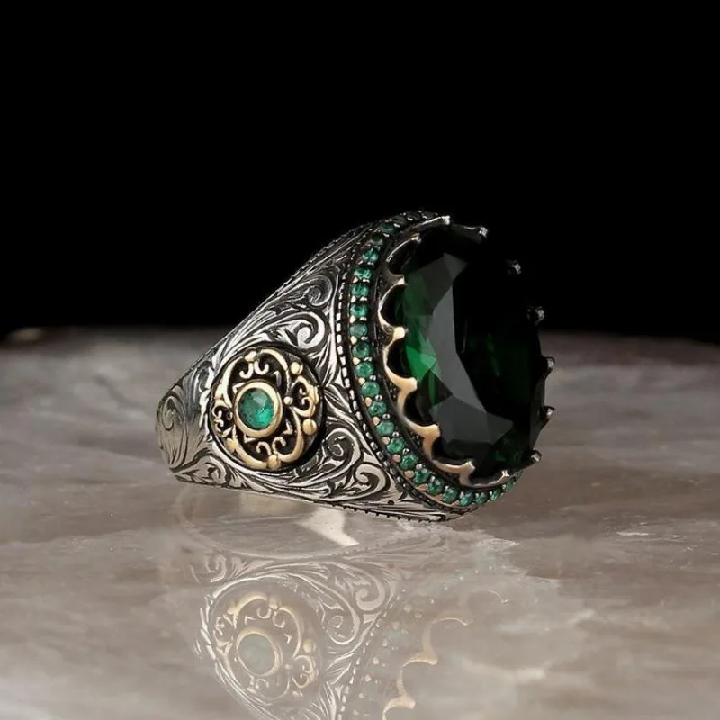 2025 Fashion Handmade Men Rings Retro Islamic Jewelry Vintage Ancient Silver Color Green Rhinestones Zircon Rings for Men