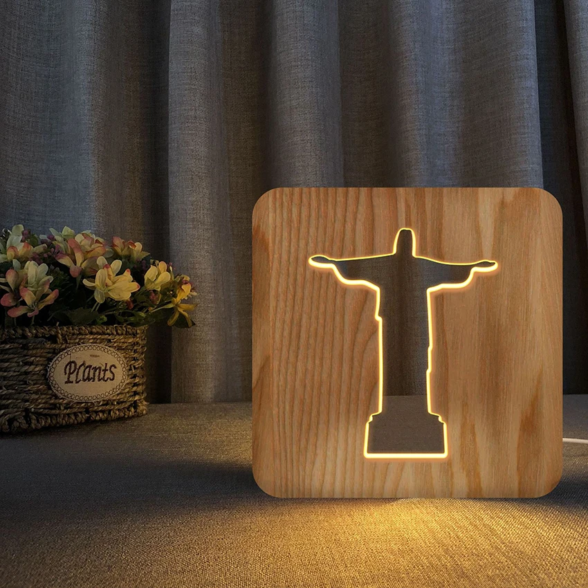 Jesus Priest Wooden 3D LED Night Light for Kids, Simple Decorative Lights, Carving Pattern, LED Night Light