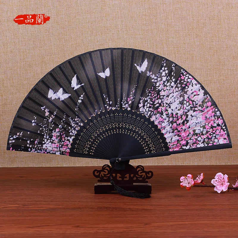 |Chinese Fanzi ancient foldable fan Japanese Hanfu portable dance Sakura silk foldable classic portable small silk fan