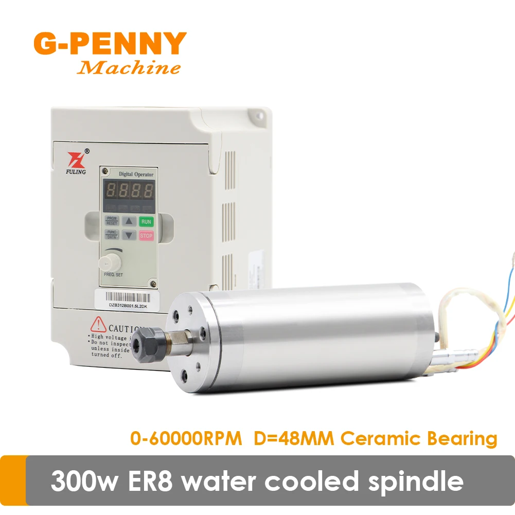 

G-Penny 300W ER8 Water Cooled Spindle Motor 75v 60000rpm Water Cooling 1000Hz Dimeter 48mm & 220v 1.5KW Fuling Inverter VFD