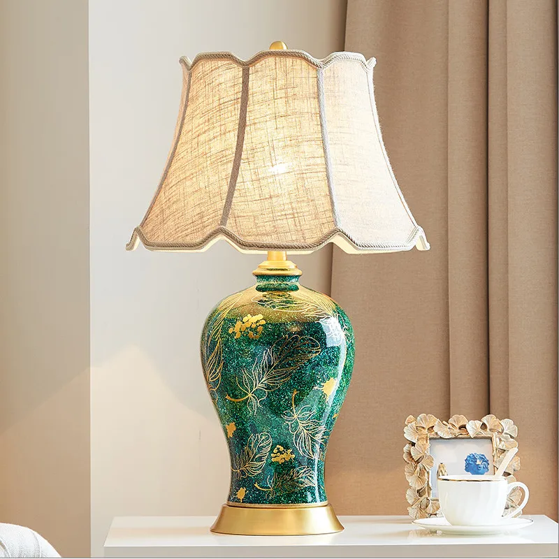 American medium green ceramic Table Lamps Classic fashion touch switch fabric E27 LED copper lamp for bedside&foyer&studio MF011