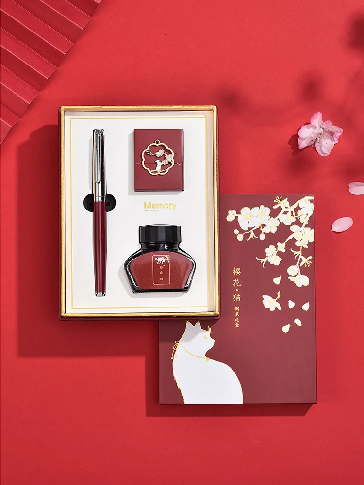 Germany NIB Guochao Cherry Cat Series High-end Exquisite Gift Box Metal Calligraphy Fountain Pen