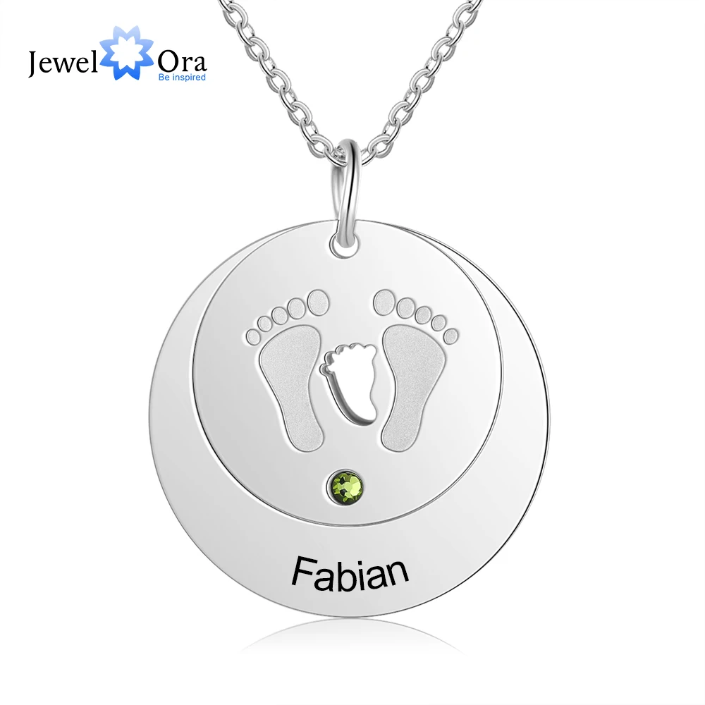 JewelOra Designer Jewelry-Personalized Engrave Name Cute Baby Feet Necklace Custom Birthstone Stainless Steel Round Disc Pendant