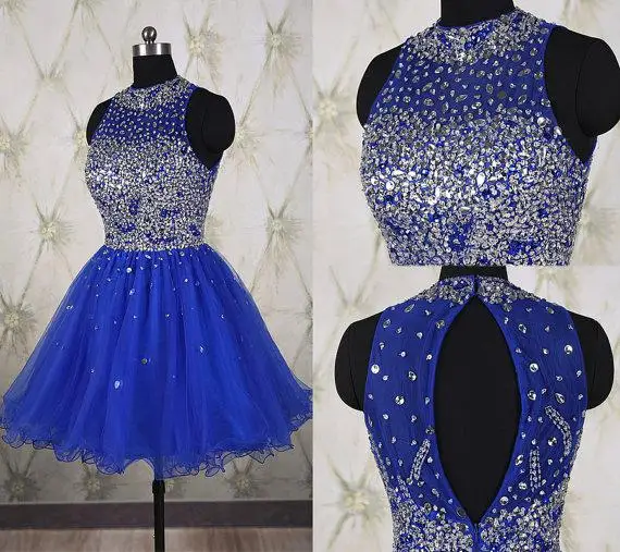 

robe de soriee 2020 Royal Blue Short Formal Prom Dress Pleated Mini Beaded Sequins High Neck Evening Party Gowns