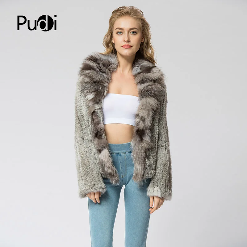 CR072 Knitted Real Rabbit Fur Coat Overcoat Jacket With Fox Fur Collar Russian Women\'s Winter Thick Warm Genuine Fur Coat