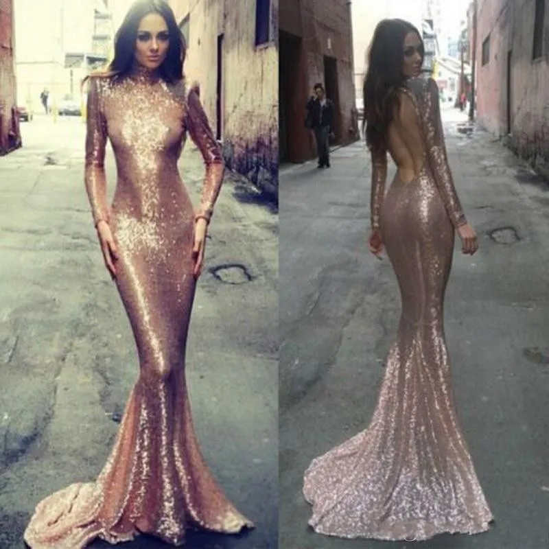 

Sexy Backless Sequine Evening Party Dresses High Neck Long Sleeve Mermaid Formal Prom Gowns Gold Vestido De Fiesta De Boda