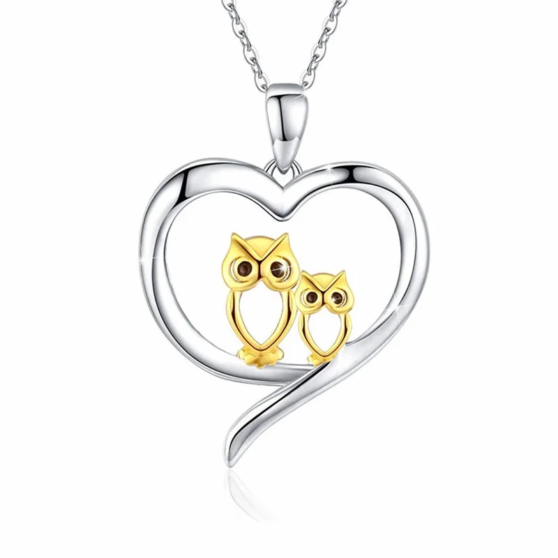 Fashion Silver Gold Owl Zircon Lover Pendant Necklace for Women Jewelry