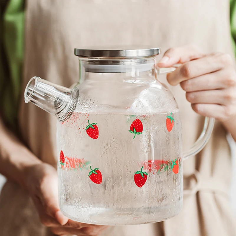 Kawaii Strawberry Glass Cold Water Pot Large Capacity Juice Fruit Teapot Heat Resistant Glass Kettle For Boiling Water Cute Cups