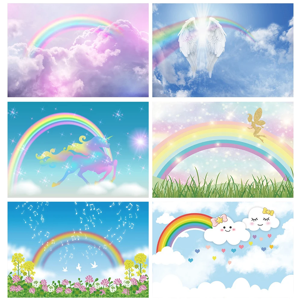 Laeacco Rainbow Backdrops Cloud Blue Sky Birthday Party Decor Poster Baby Portrait Photography Background Photocall Photo Studio