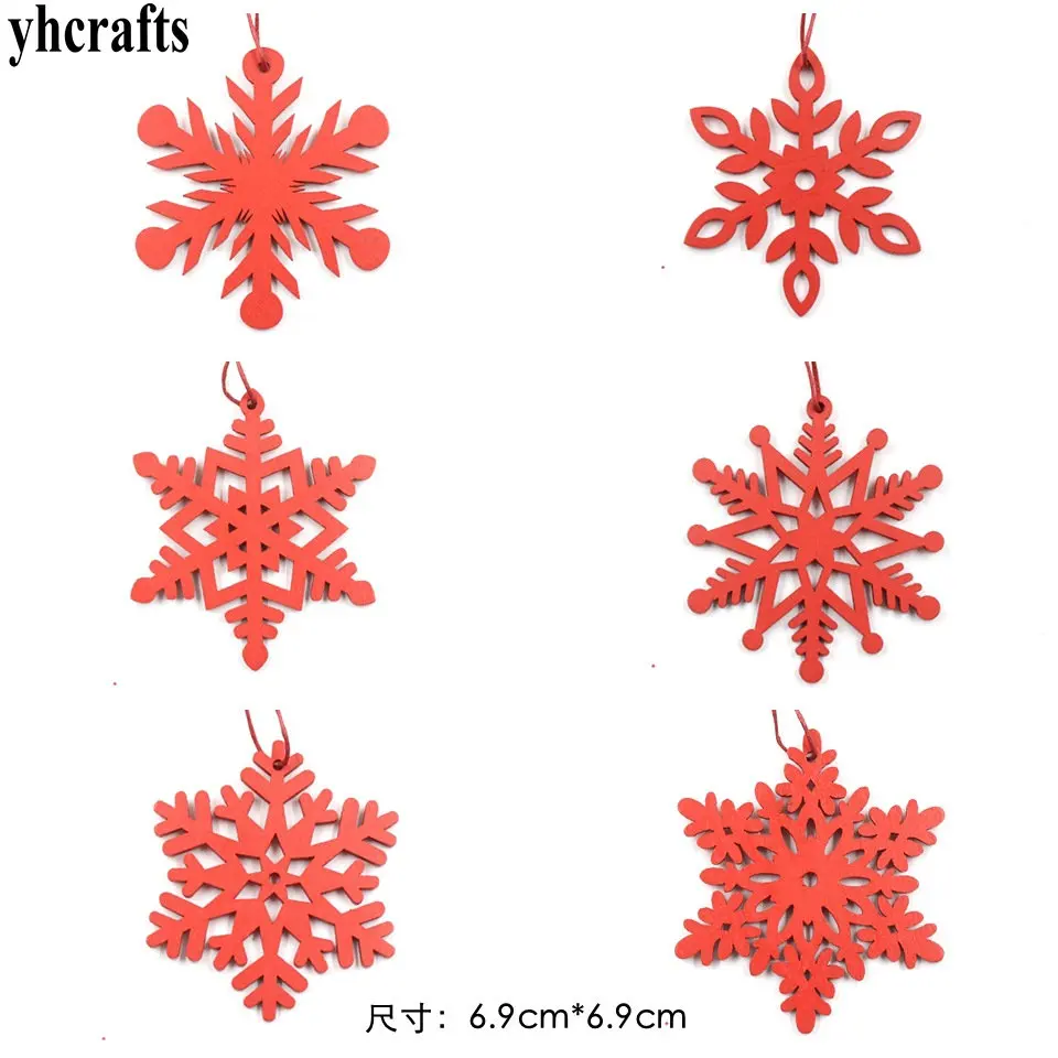 4-6PCS/LOT.Red snowflake wood hanger Xmas tag Creative pendant Kindergarten decoration Home ornaments Handicraft toy Garden