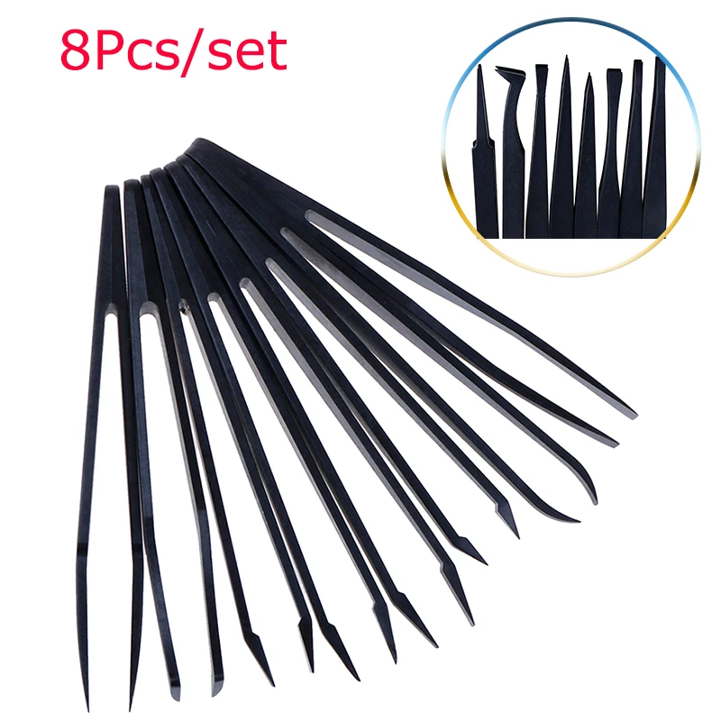 Kit di pinzette elettroniche antistatiche in fibra di carbonio da 8 pezzi Set di utensili manuali per riparazione PCB con pinze in plastica ESD