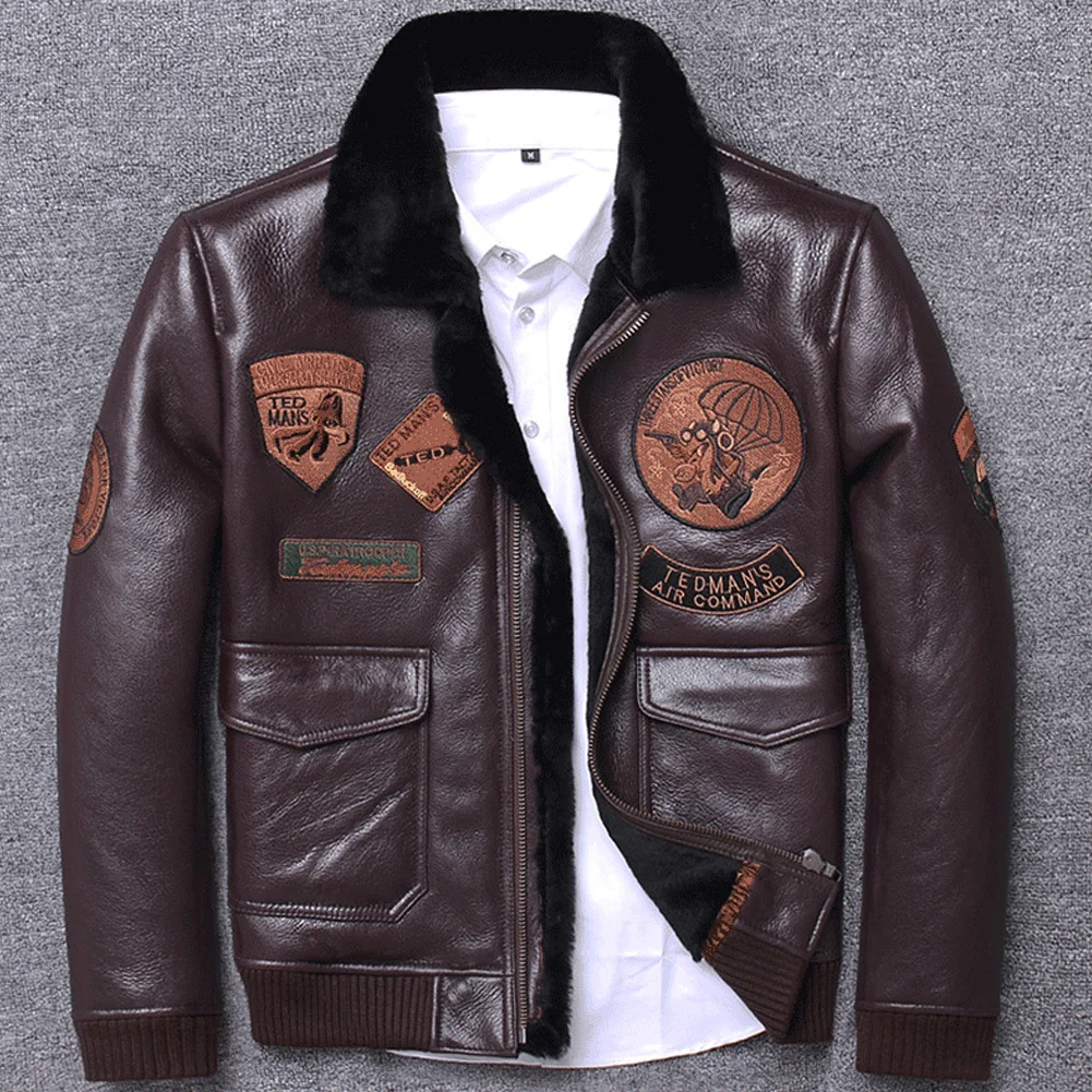 2019 New Mens Brown B3 Shearling Jacket Lapel Short Leather Jacket Air Force Suit Fur Coat Mens Winter Coats Sheepskin Coat