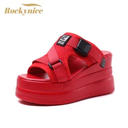 Summer Women Buckle Slippers Flip-Flops Beach Shoes Wedge Heels Slides Woman Platform Slippers Candy Colors Outside Sandals 9cm