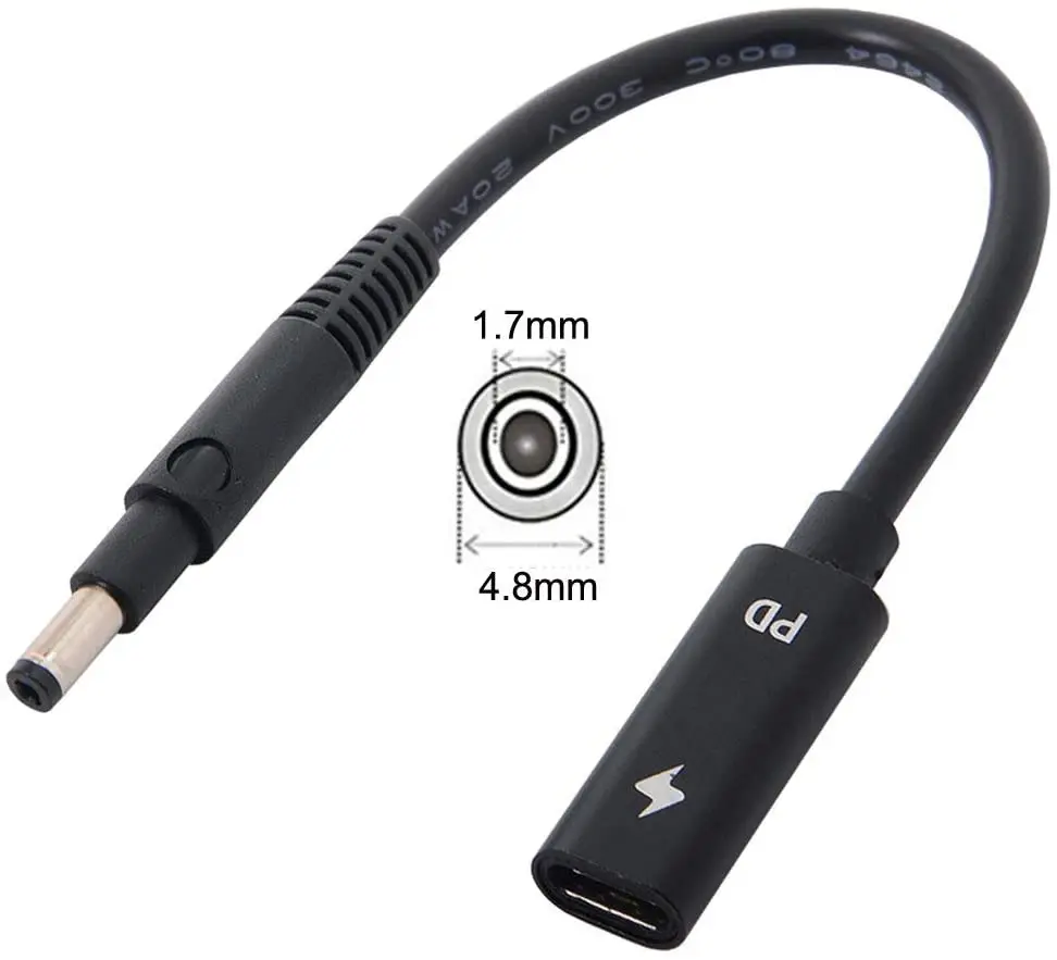 Loại C USB-C Nữ Đầu Vào DC PD Cáp Sạc Phù Hợp Với Laptop 18-20V (4.8X1.7Mm)