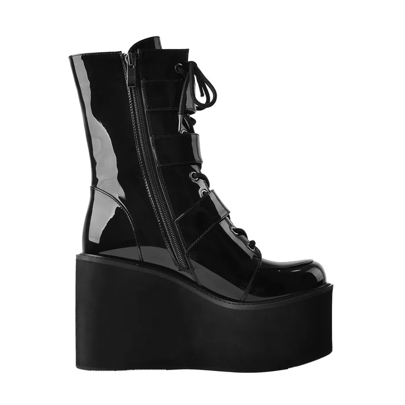 Onlymaker Round Toe Wedges Heels Platform Punk Boots Black Color Patent Leather Side Zipper Big Size Fashion Ankle Boots