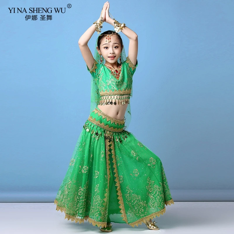 New Style Kids Belly Dance Indian Dance Costume Set Sari Bollywood Children Outfit Chiffon Belly Dance Performance Clothes Sets