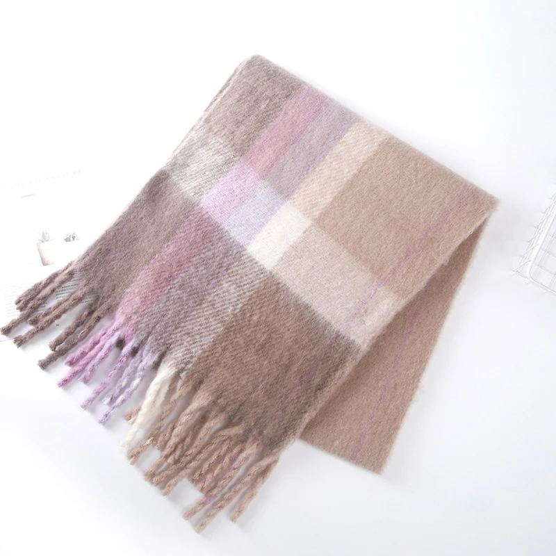 Fashion Imitation Cashmere Women Vintage Plaid Scarf Winter Warm Knitted Casual Mohair Tassel Wild Female Thick Shawl Long Wrap