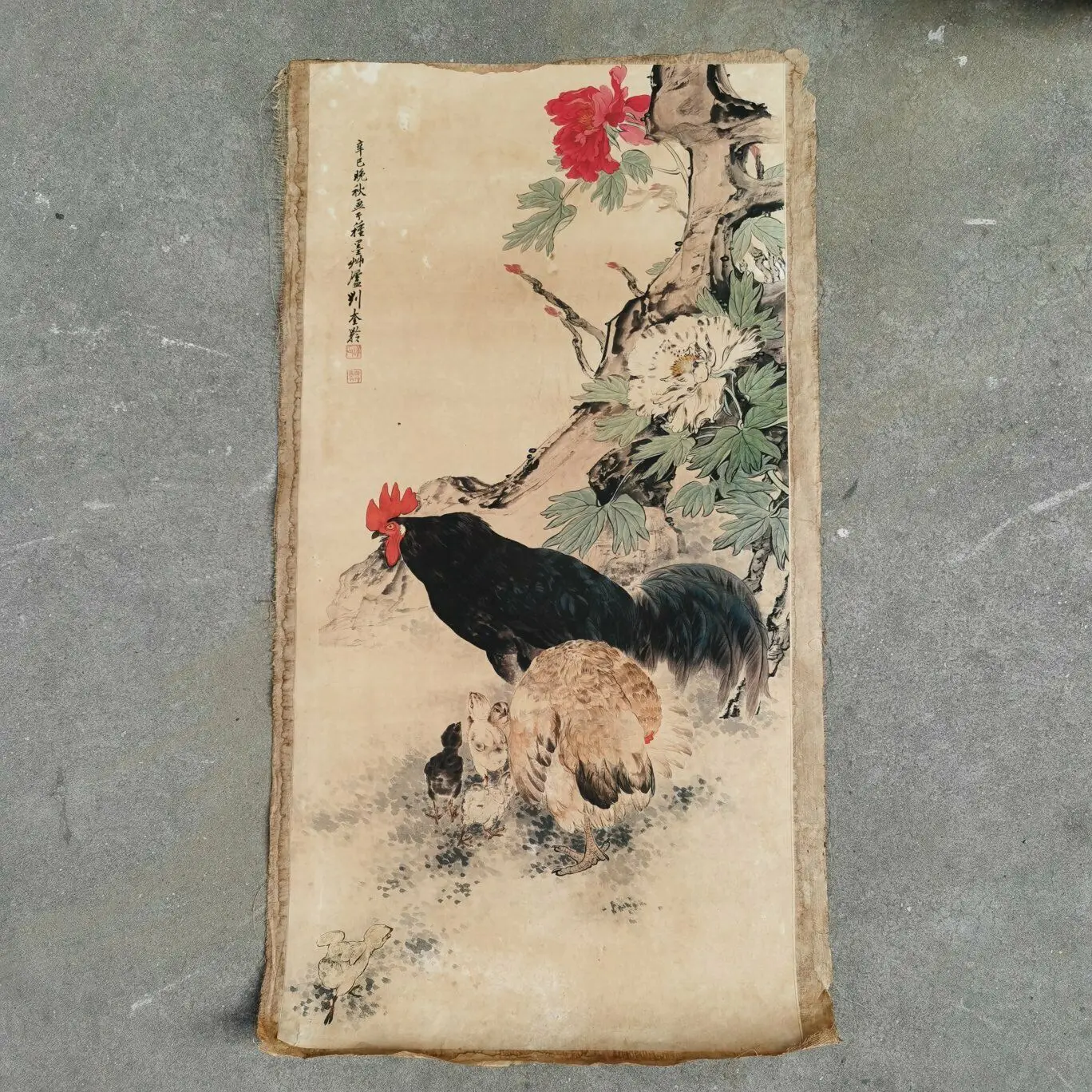 Chinese Old Scroll Liu kuiling - chicken Painting Rice Paper Painting Slice