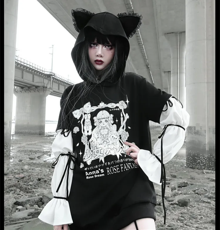 Original Design Punk Printing Anime Japanese Cat Ear Hooded Sweatshirt Long Puff Sleeve Chiffon Lace up Gothic Black Hoodies