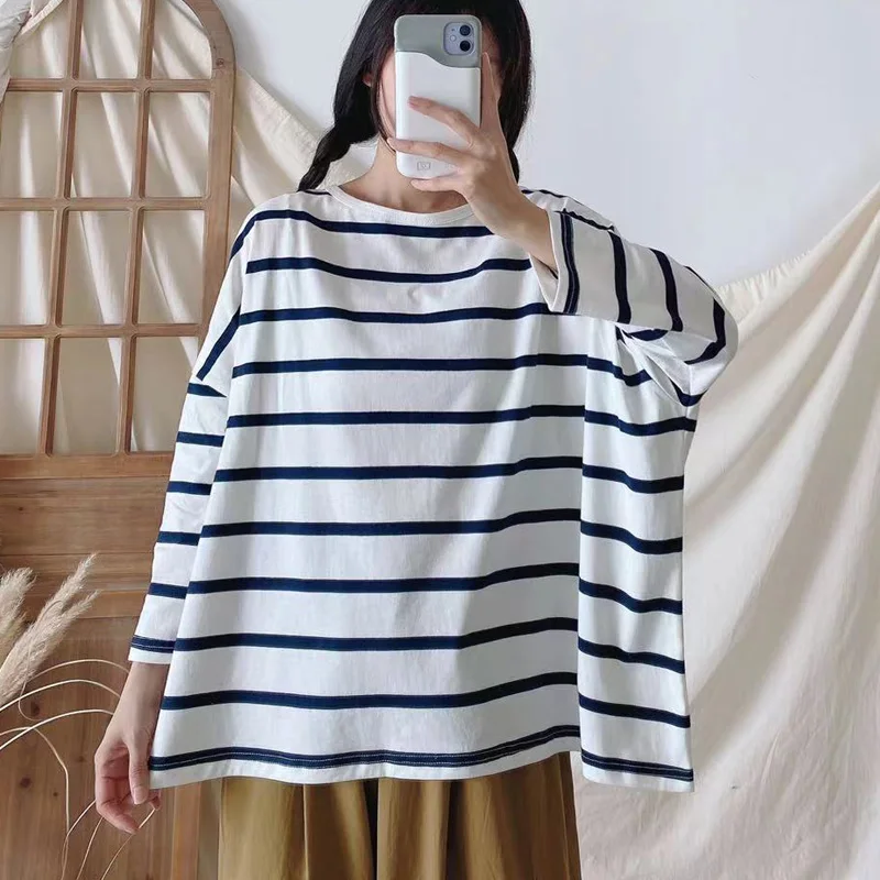 

Johnature New Casual Striped Women T-Shirts 2024 Summer All Match Loose O-neck Vintage Cotton Female Tops