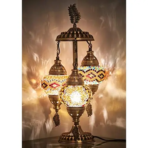 LaModaHome 2020 Stunning 3 Globe English Moroccan Bohemian Table Desk Bedside Night Lamp Light Lampshade with North American Plu