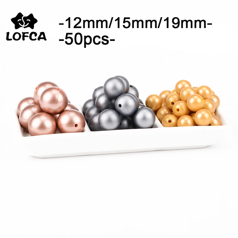 LOFCA 50Pcs Metallic Silver Color Print 12/15/19mm Silicone Loose Beads DIY Chewable Teething Beads BPA Free Baby Teether