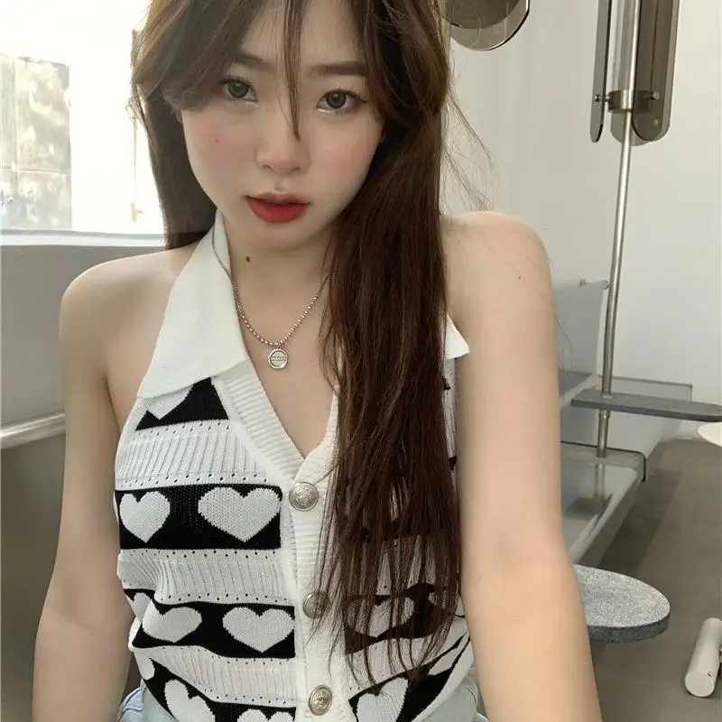 Sweet Heart Printed Knit Tank Vest Female Spring Summer Fashion Beachwear Backless Deep V Neck Sweater Crop Top Harajuku Vest