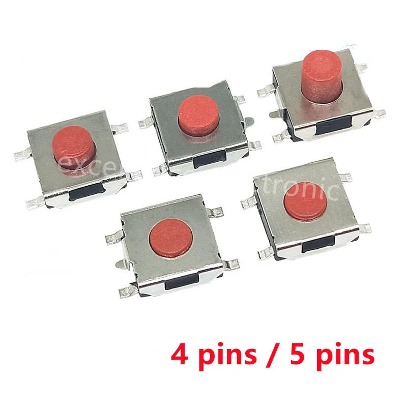 50PCS/LOT  Patch Red Push Button Switch 6.2*6.2mm 6*6*2.5/3.1/3.7/4.3mm 4pin 5pin SMD Micro switch