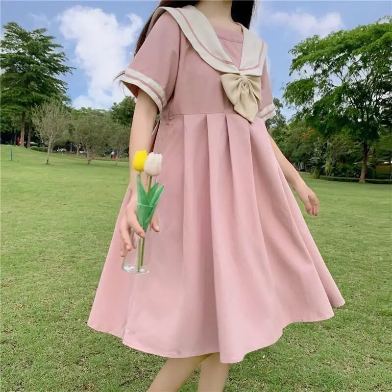 A-line Dress Women Sweet Kawaii Japanese Style College Autumn New Sailor Collar Patchwork Bow Fashion Leisure Loose Popular Chic