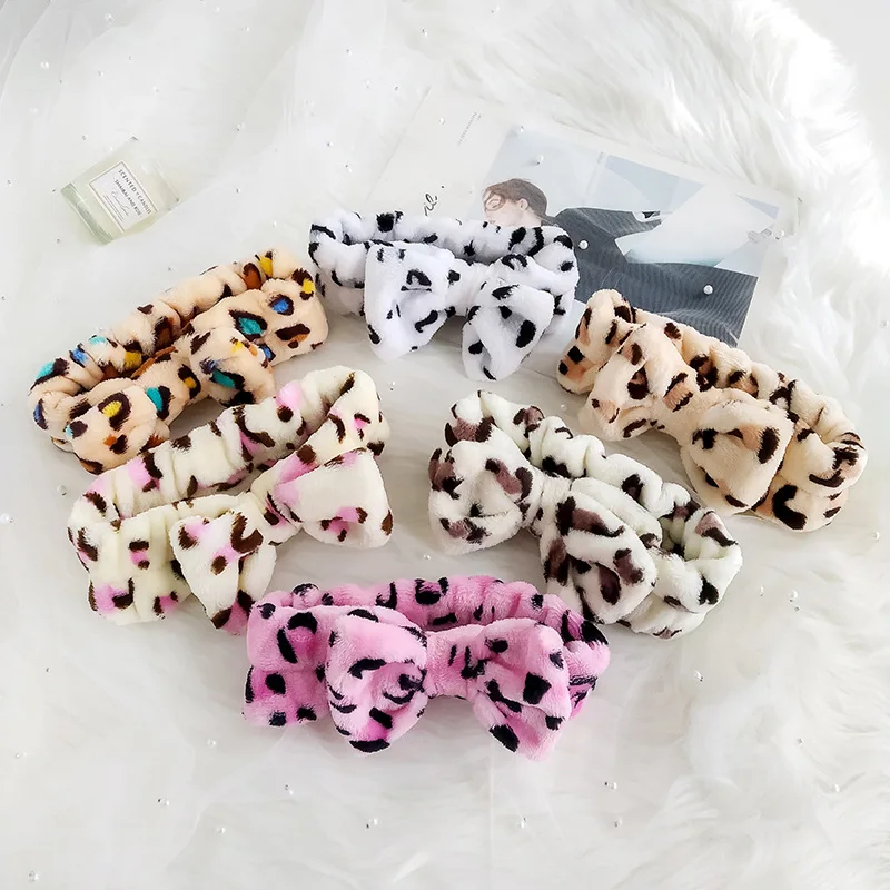 Leopard Print Versatile Girl Headwear Soft Skin Care Coral Fleece Shower Facial Make Up Bow Knot Lady Gym Sports Headbands