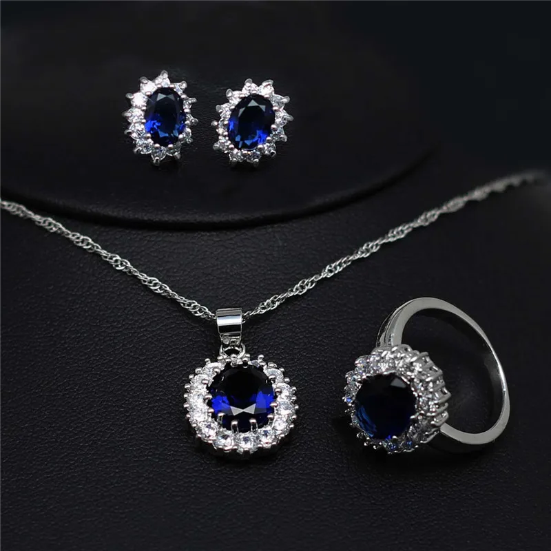 Oval Blue Cubic Zirconia Wedding Jewelry Sets Kate Queen Crystal Bridal Necklace Earrring Ring Pendant Woman Jewelleri Set Gift