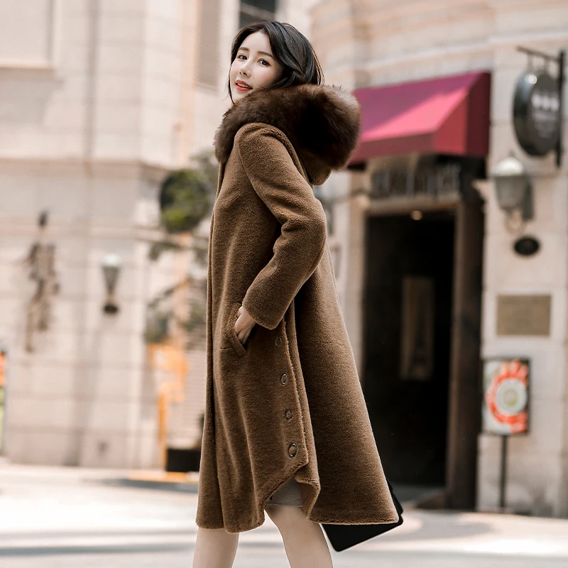 

Sheep Shearling Women's Fur Coat Winter Jacket Women Fox Fur Collar 300% Wool Coat Female Long Jackets Chaqueta Mujer MY