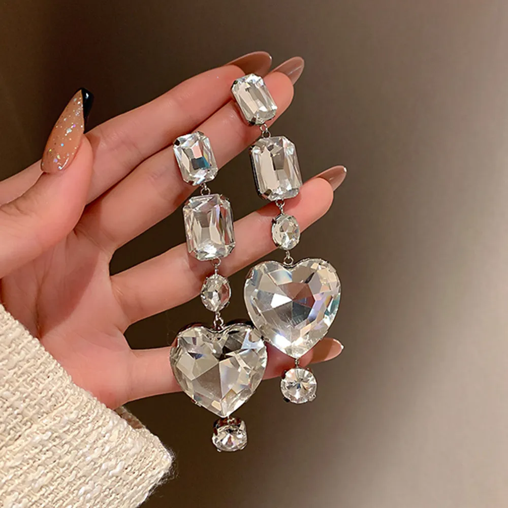 

Shiny Rhinestone Big Heart Shape Long Drop Earrings Wedding Jewelry for Women Luxury Crystal Tassel Dangle Earrings Accessoreis