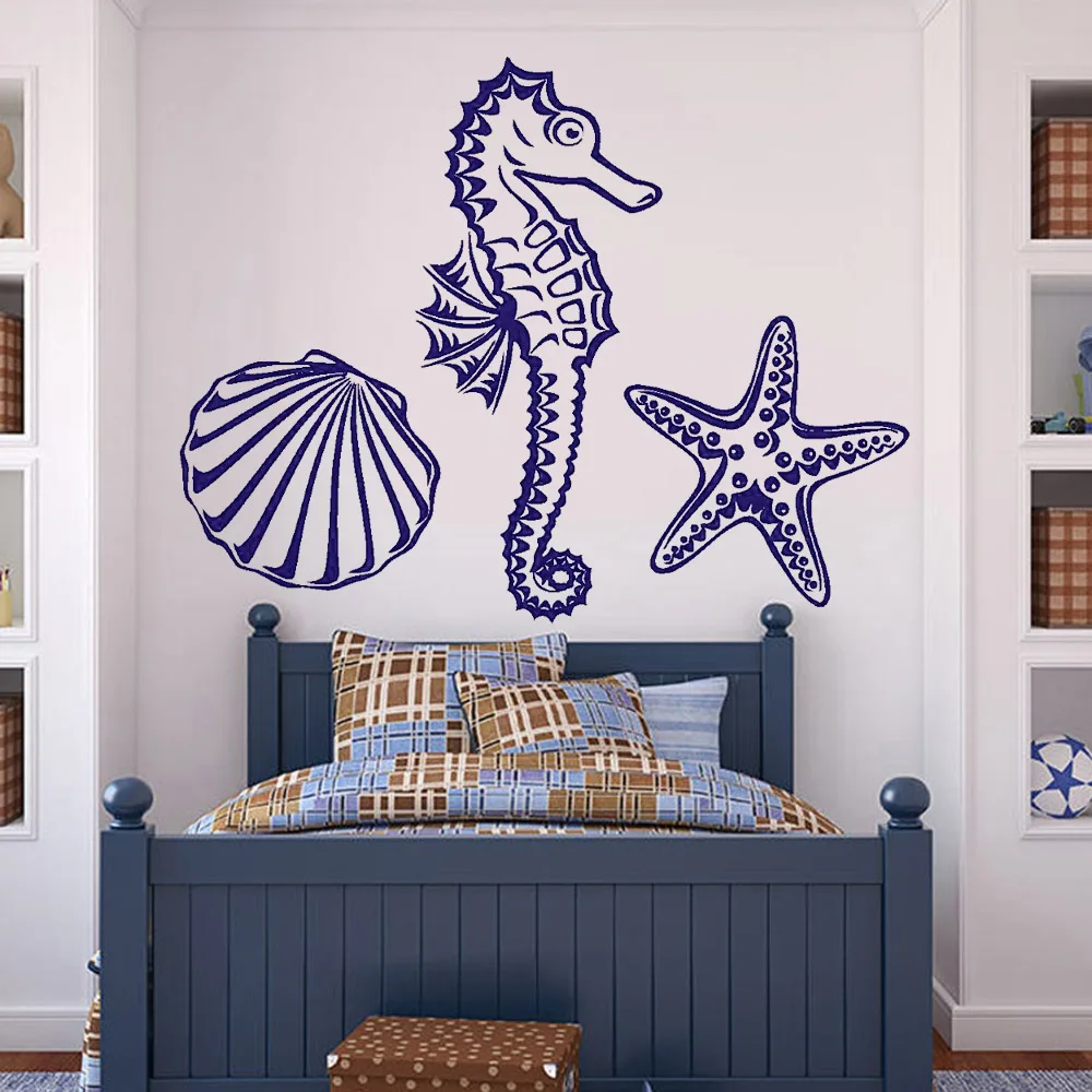 Marine Animal Wall Decal For Bathroom Seahorse Starfish Seashell Vinyl Wall Stickers For Children Playing Room Removable W643