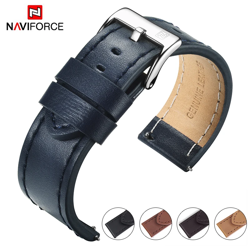 NAVIFORCE 23 ملم حزام ساعة من الجلد الطبيعي باللون البني للرجال حزام ساعة إكسسوارات ساعة حزام مقاوم للماء مع مشبك سريع الإصدار