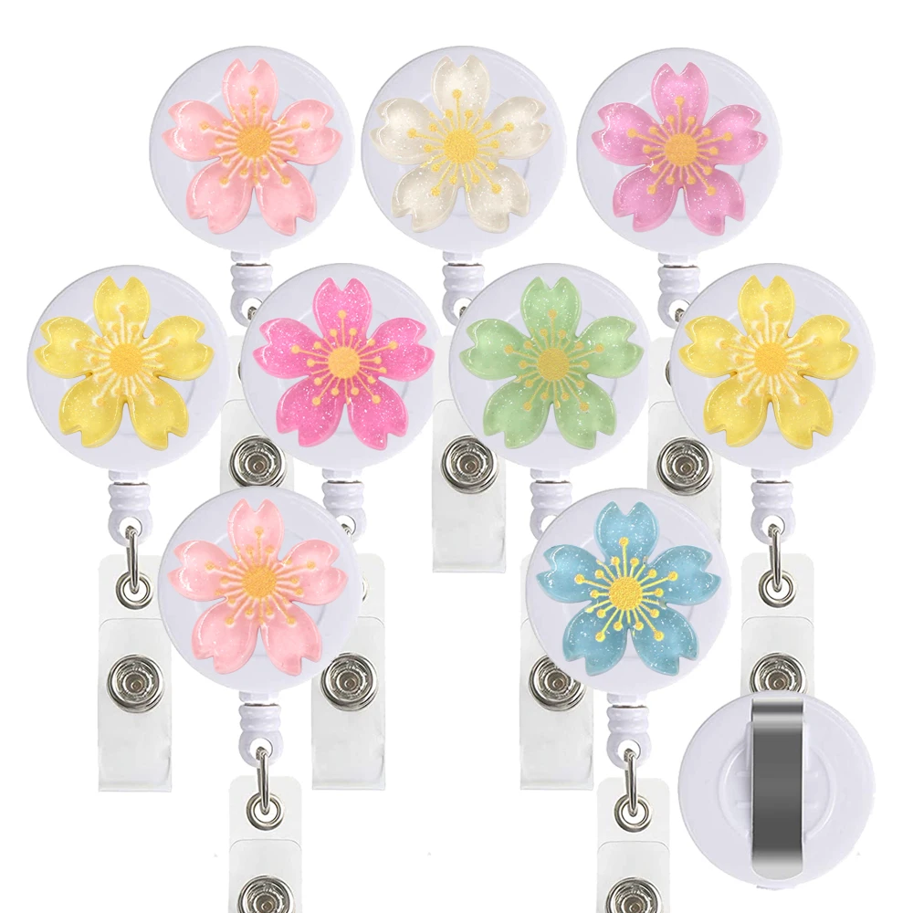 9pcs Lot Colorful Flowers Retractable ID Card Badge Clip Holder Reel For Nurse Doctor Student Office Sweet Bow Style